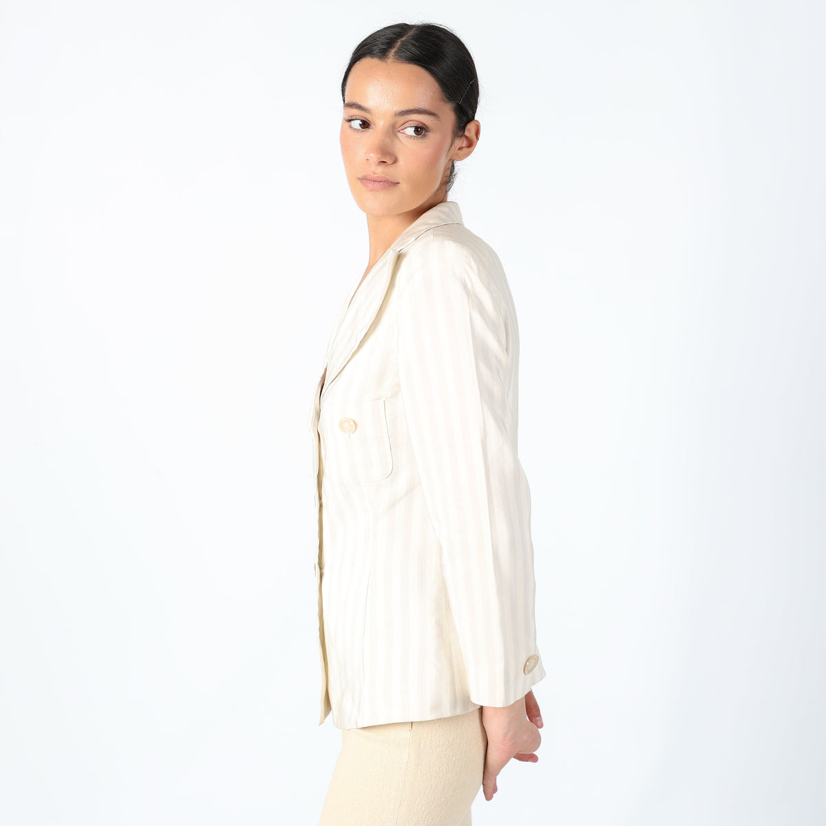 Cream Y2K Armani Woven Jacket Super Chic, Designer Stripe Blazer, Shoulder Pads, Office Siren (M)