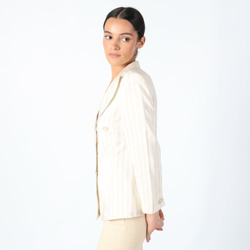Cream Y2K Armani Woven Jacket Super Chic, Designer Stripe Blazer, Shoulder Pads, Office Siren (M)