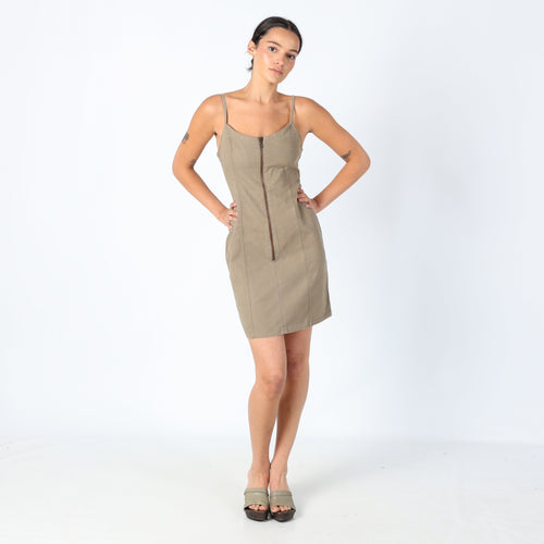 Khaki Green Y2K iG Jeans Woven Midi Skirt Zip Detail, Cute (8)