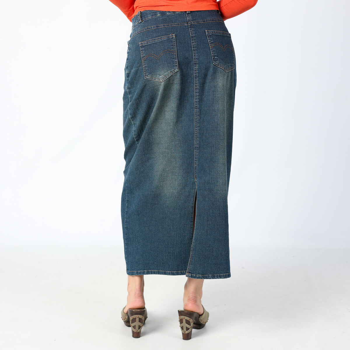 Navy Blue Y2K RI XIN Jeans Denim Maxi Skirt Split Hem, Casualwear (8)