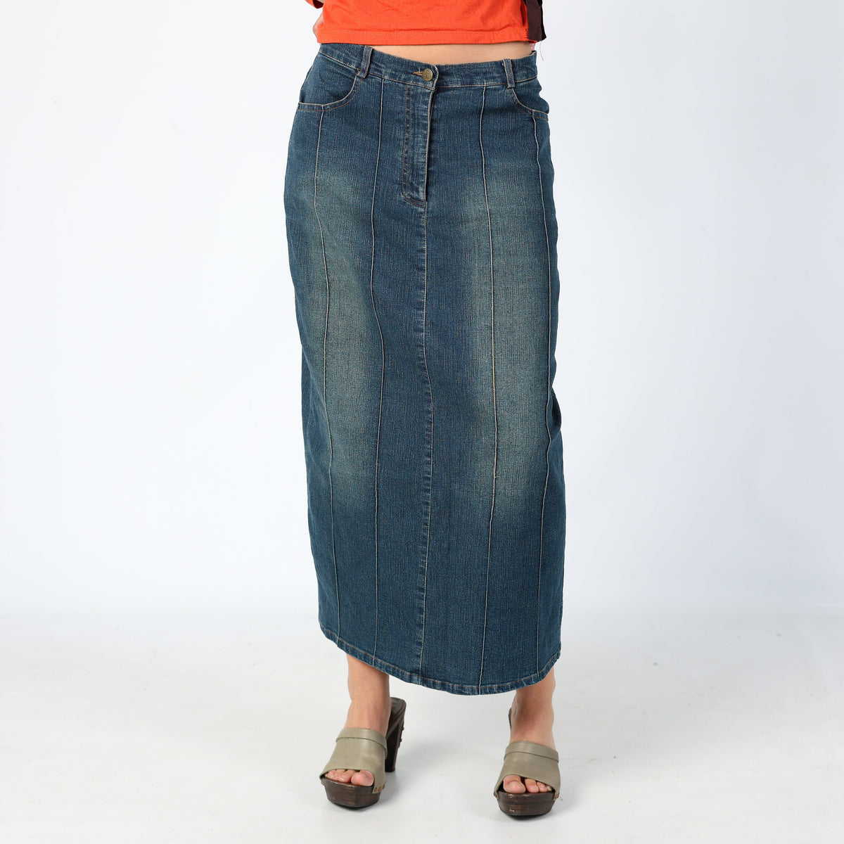 Navy Blue Y2K RI XIN Jeans Denim Maxi Skirt Split Hem, Casualwear (8)