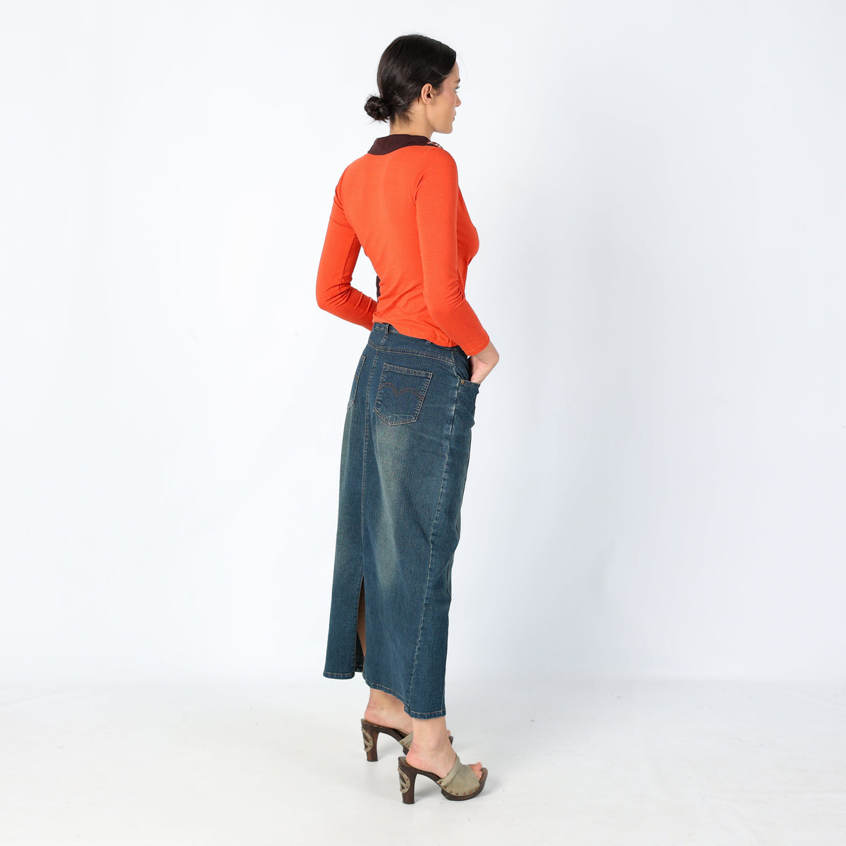 Navy Blue Y2K RI XIN Jeans Denim Maxi Skirt Split Hem, Casualwear (8)