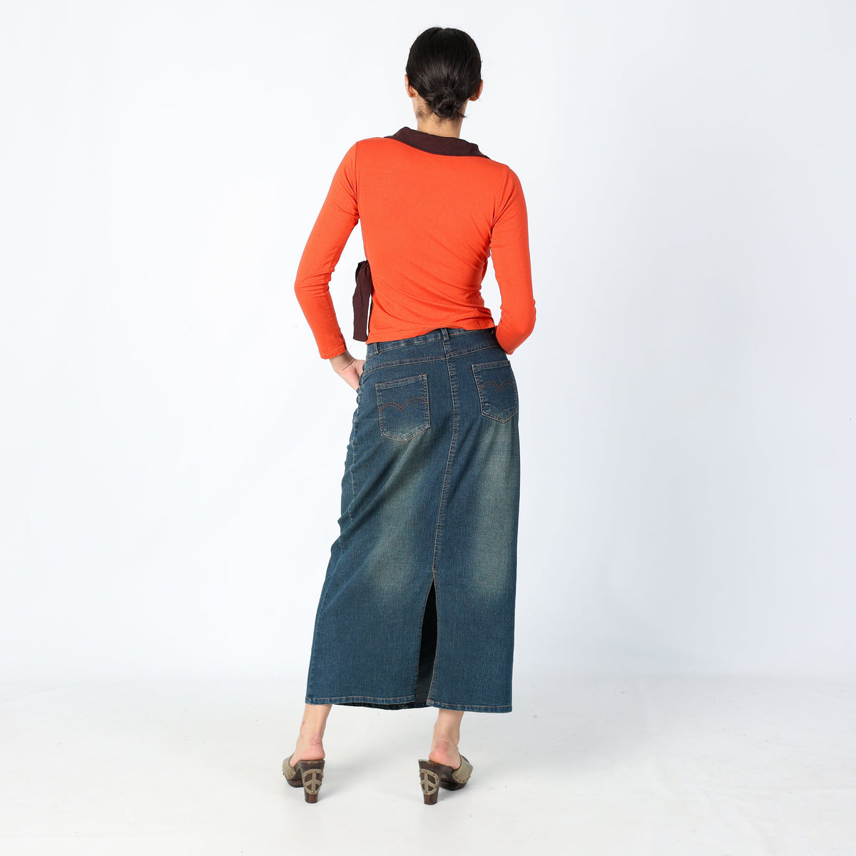 Navy Blue Y2K RI XIN Jeans Denim Maxi Skirt Split Hem, Casualwear (8)