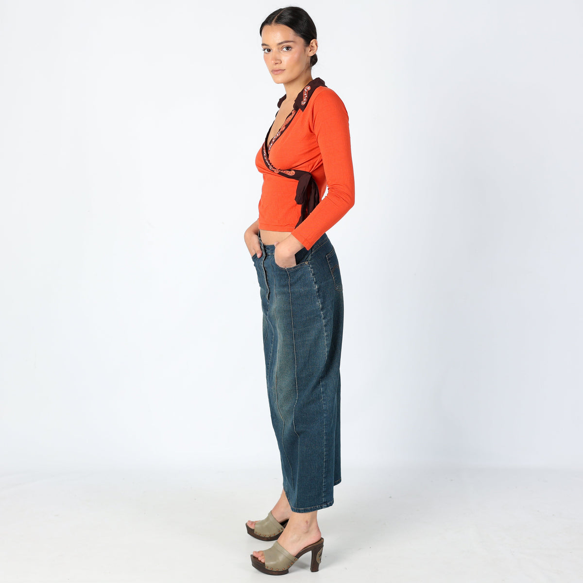 Navy Blue Y2K RI XIN Jeans Denim Maxi Skirt Split Hem, Casualwear (8)