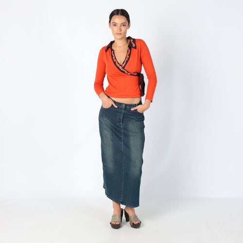 Navy Blue Y2K RI XIN Jeans Denim Maxi Skirt Split Hem, Casualwear (8)