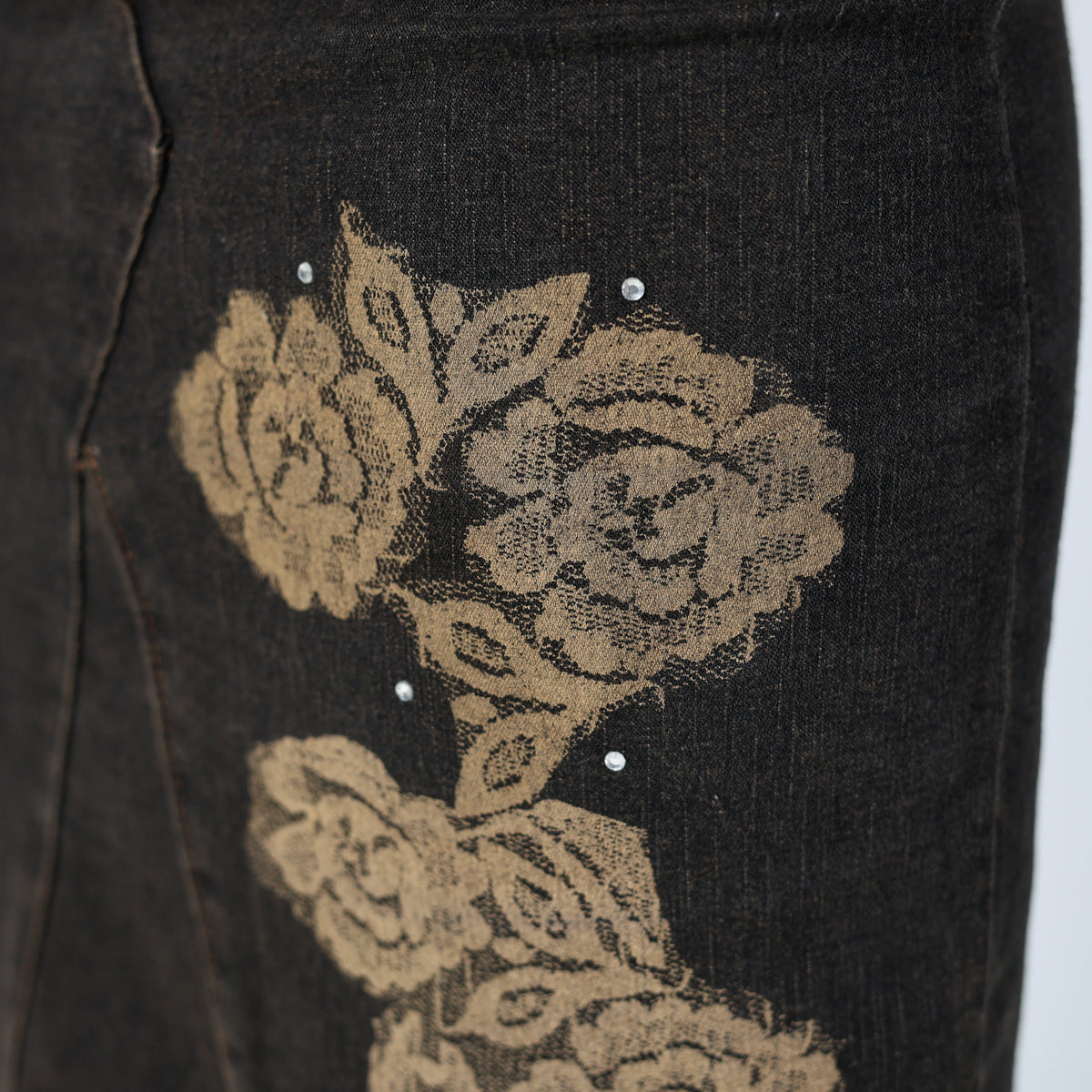 Brown 90s Denim Midi Skirt Italian, Floral print, Diamontes, Unique 90s (6)