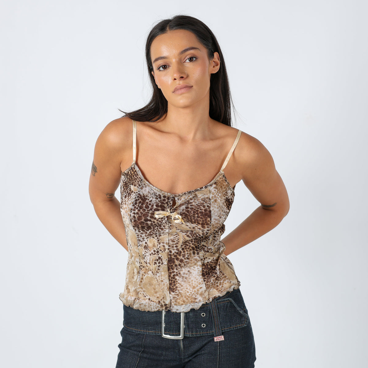 Brown Y2K Cami Pretty, Printed, Mesh (S)