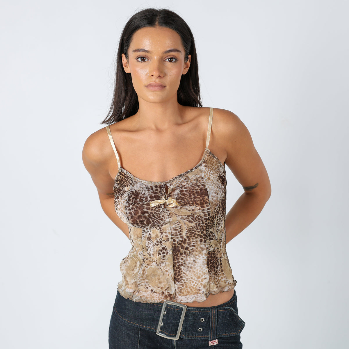 Brown Y2K Cami Pretty, Printed, Mesh (S)