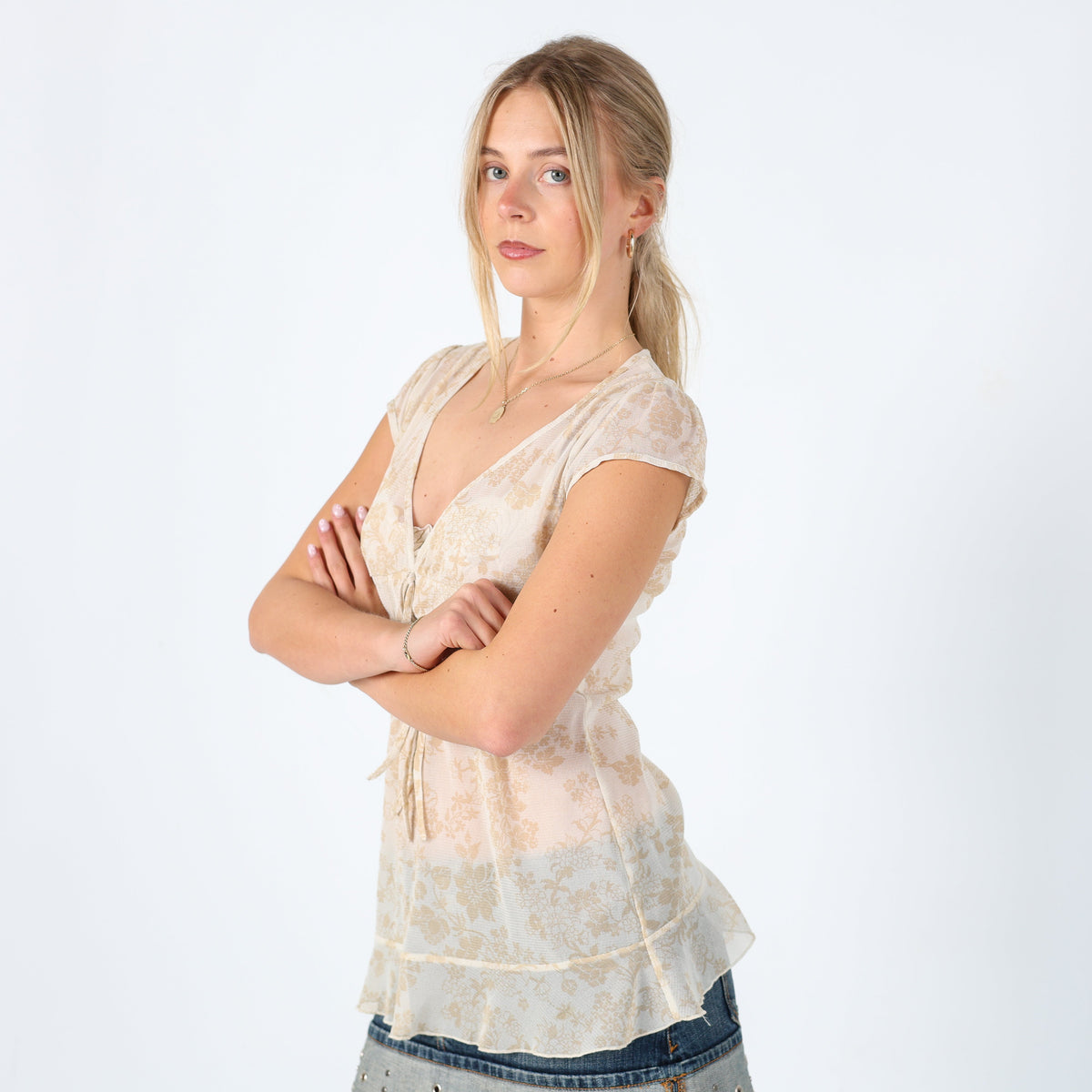 Cream Y2K Promod Cami Mesh Floral (10)