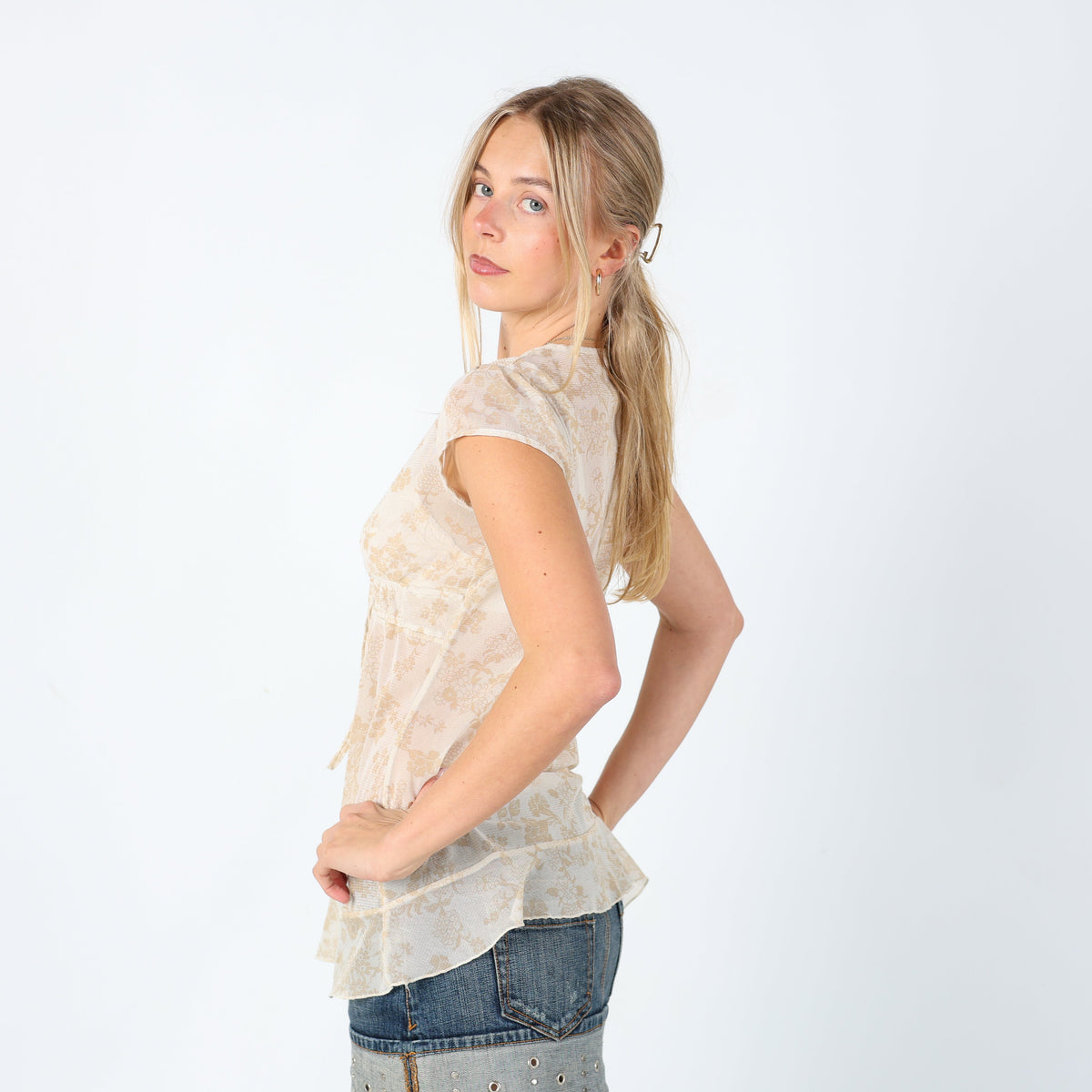 Cream Y2K Promod Cami Mesh Floral (10)