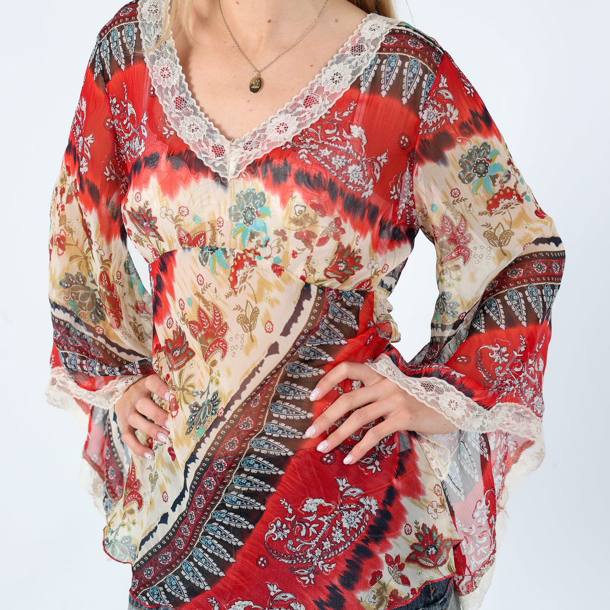 Red 90s Wan Li Cami Sheer Lace Trim Patterned Chic (M)