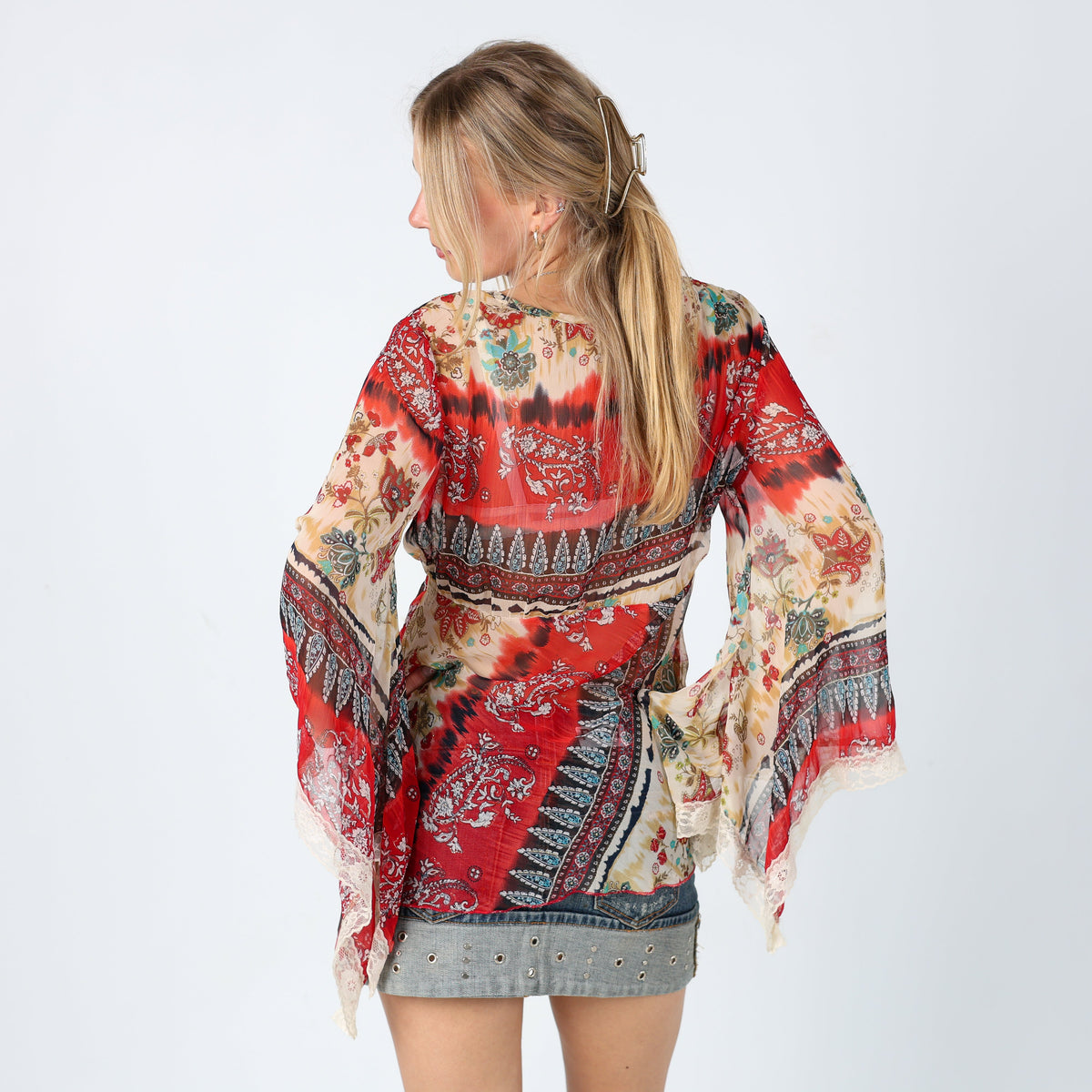 Red 90s Wan Li Cami Sheer Lace Trim Patterned Chic (M)