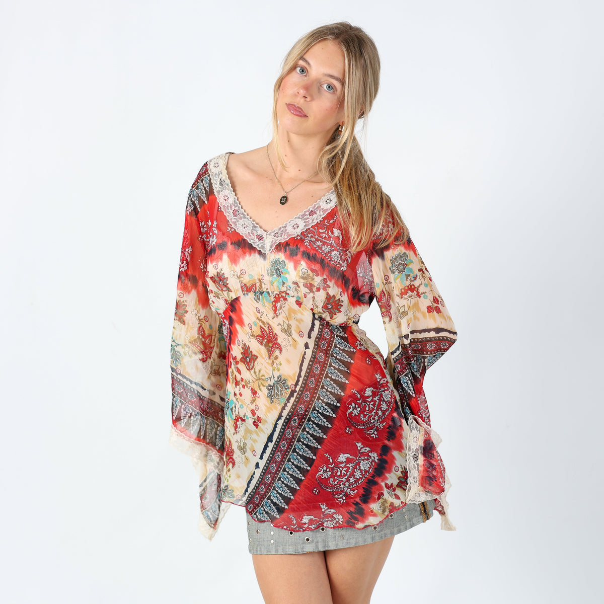 Red 90s Wan Li Cami Sheer Lace Trim Patterned Chic (M)