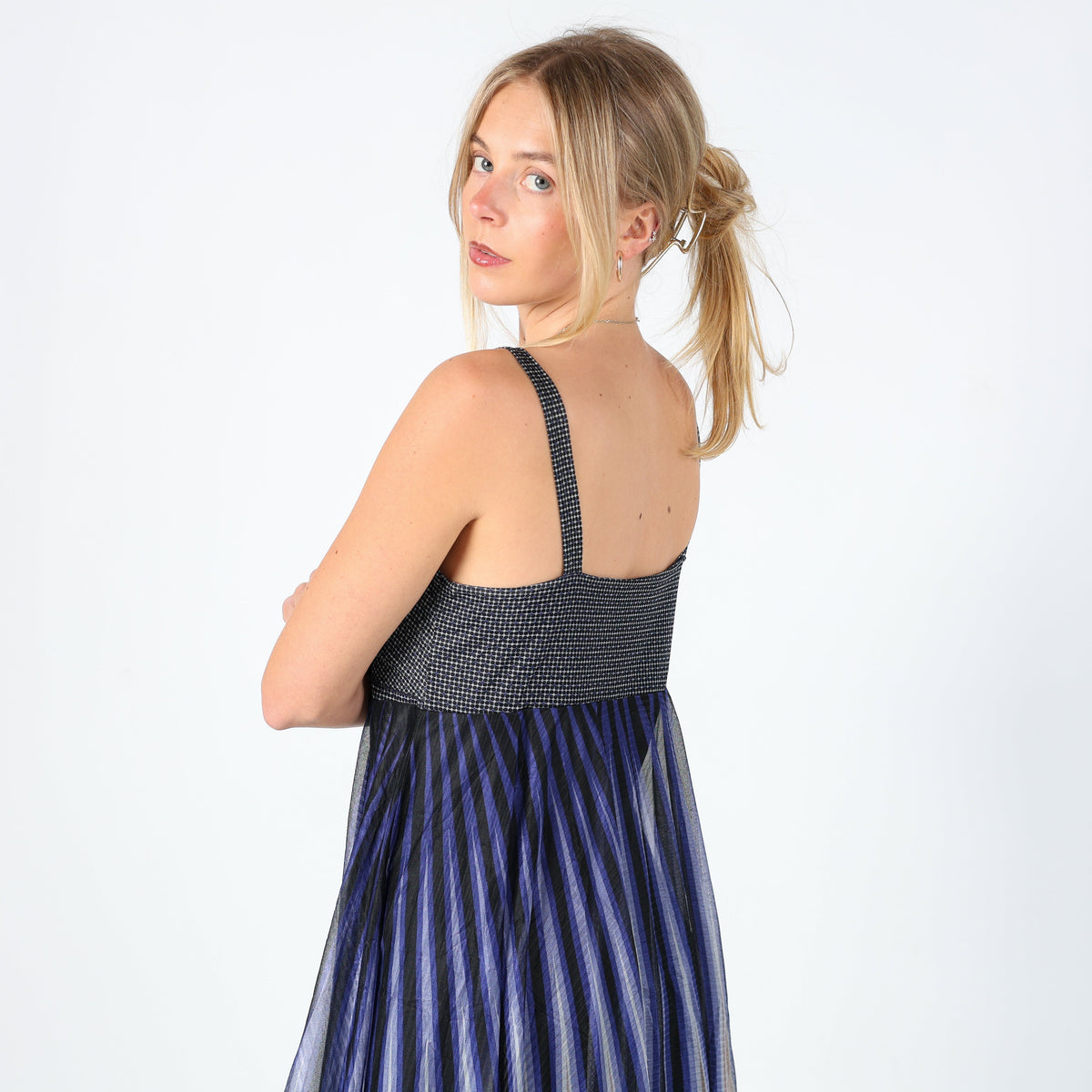 Navy Blue Y2K Kookai Mesh Midi Dress Floaty Front Tie Patterned (8)