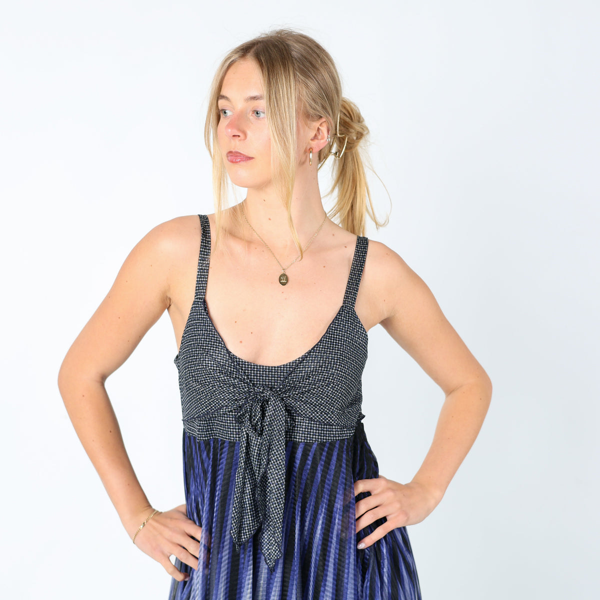 Navy Blue Y2K Kookai Mesh Midi Dress Floaty Front Tie Patterned (8)
