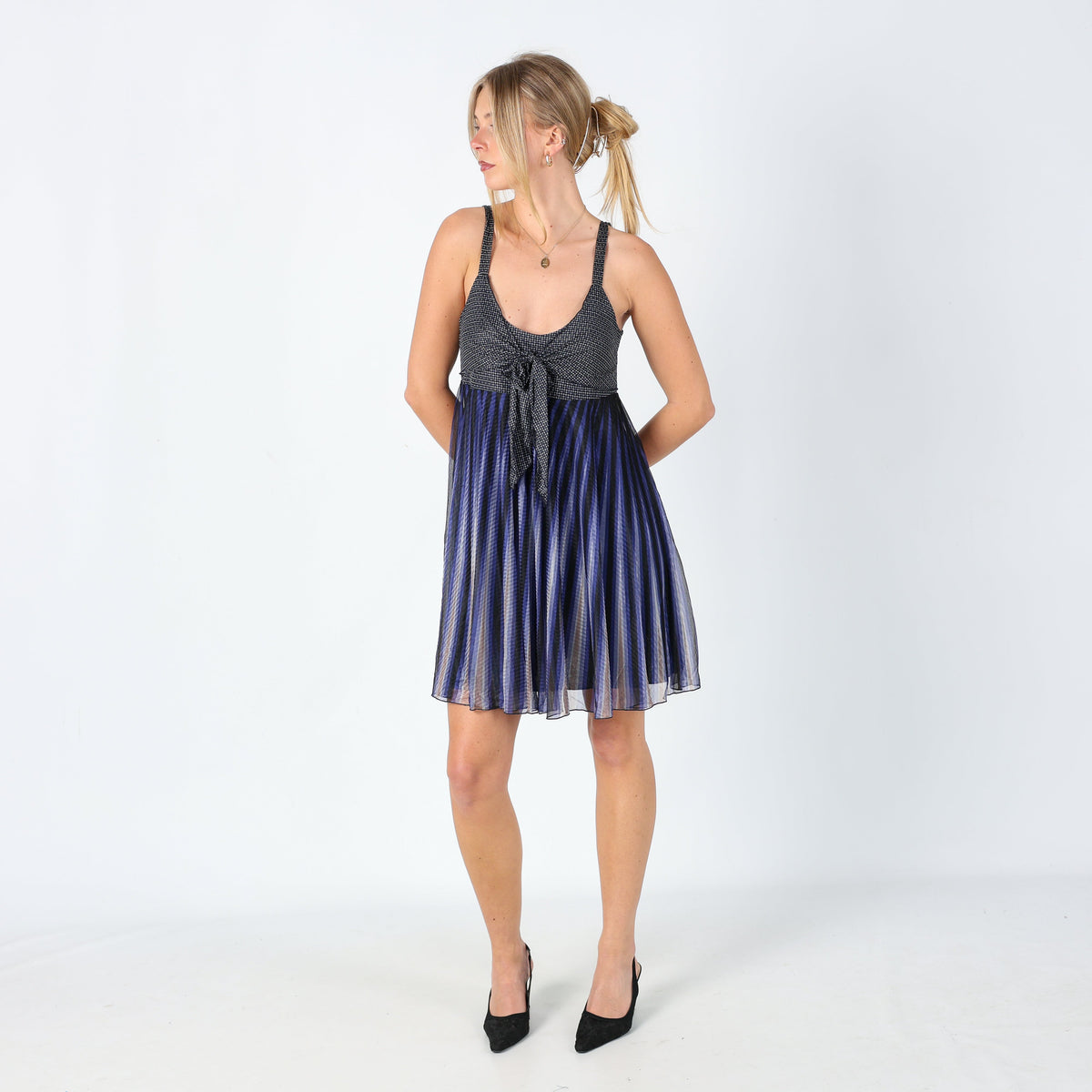 Navy Blue Y2K Kookai Mesh Midi Dress Floaty Front Tie Patterned (8)