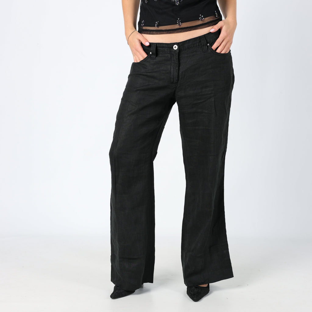 Black 90s Armani Jeans Woven Trousers Chic Designer Linen (M)