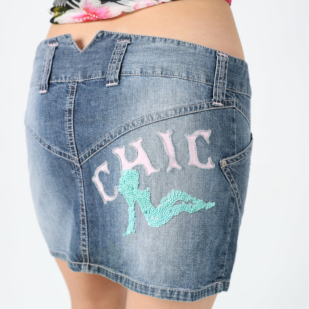 Light Blue 90s Collezione Denim Mini Skirt Pink Contrast Beaded Detailing (10)