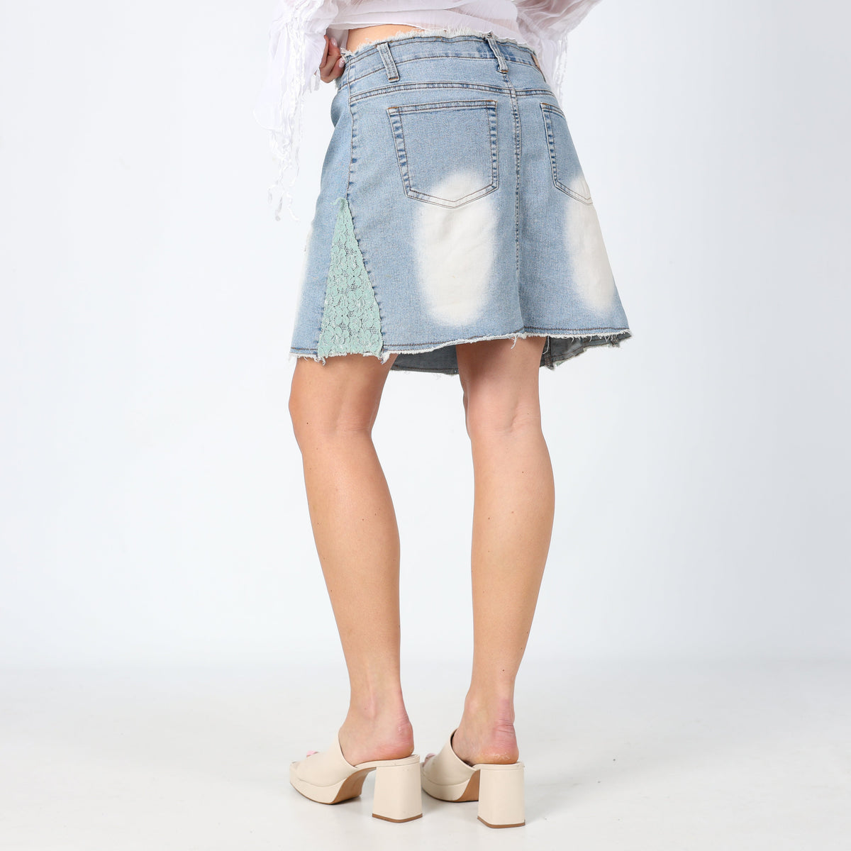 Light Blue Y2K New Sensation Denim Mini Skirt Detailing on Front Lace detailing (L)