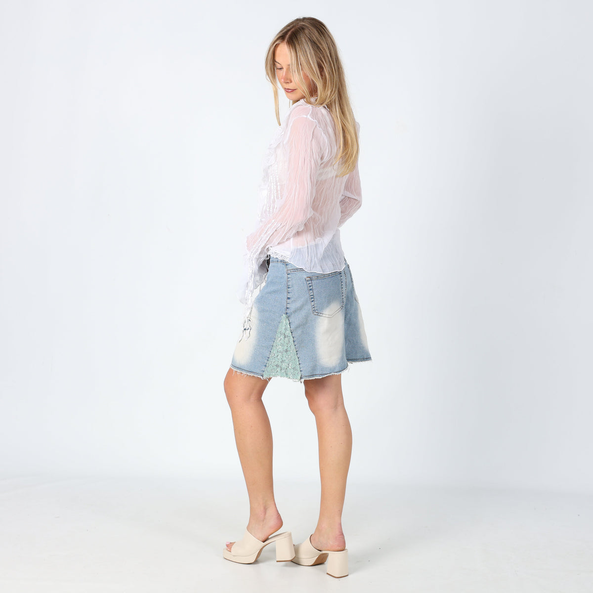 Light Blue Y2K New Sensation Denim Mini Skirt Detailing on Front Lace detailing (L)
