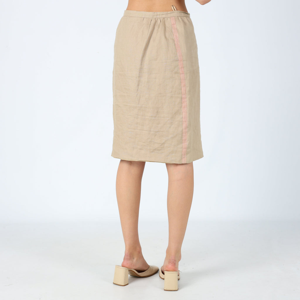 Tan 90s Valentino Woven Midi Skirt Linen Side Detail (8)