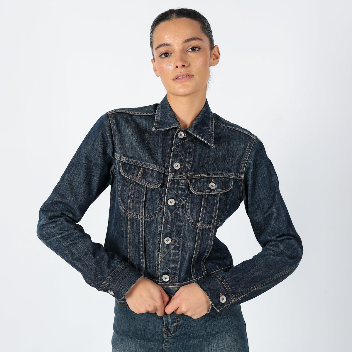 Navy Blue 90s DKNY Denim Jacket Super Cool Contrast Stitch (S)