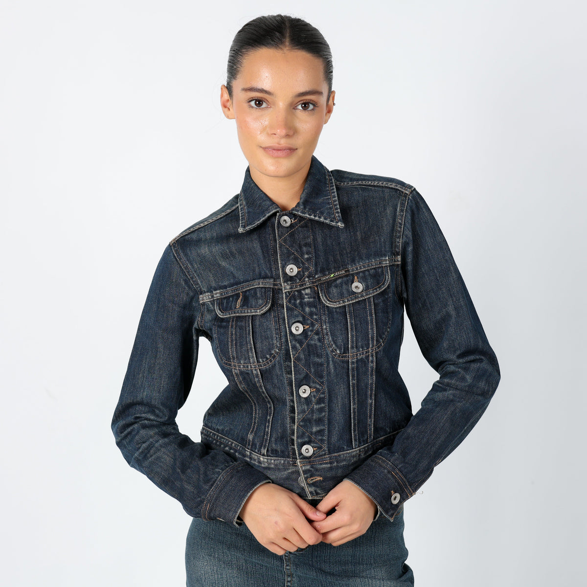 Navy Blue 90s DKNY Denim Jacket Super Cool Contrast Stitch (S)