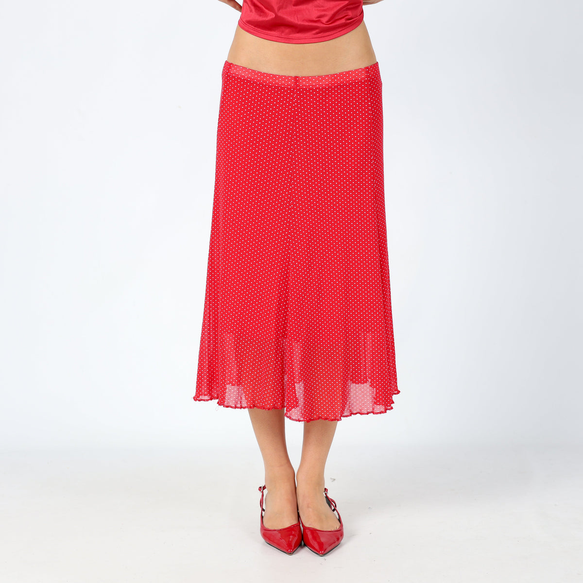 Red 90s Mesh Midi Skirt Polkadot (M)