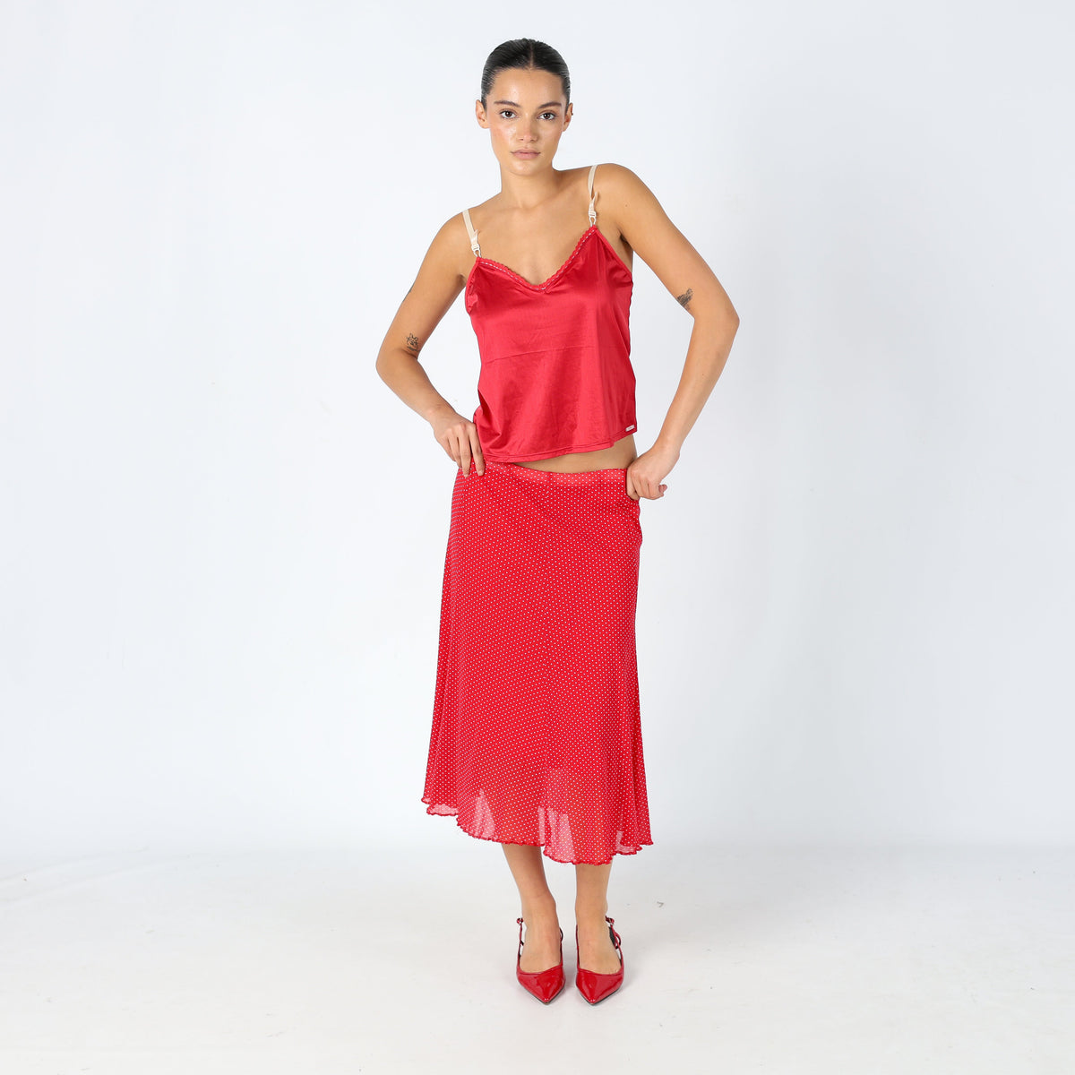 Red 90s Mesh Midi Skirt Polkadot (M)
