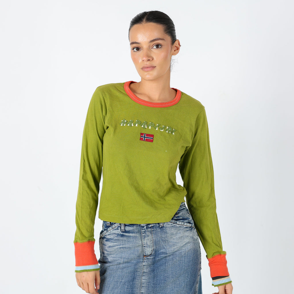 Light Green Y2K Napapijri Long Sleeve T Shirt (M)