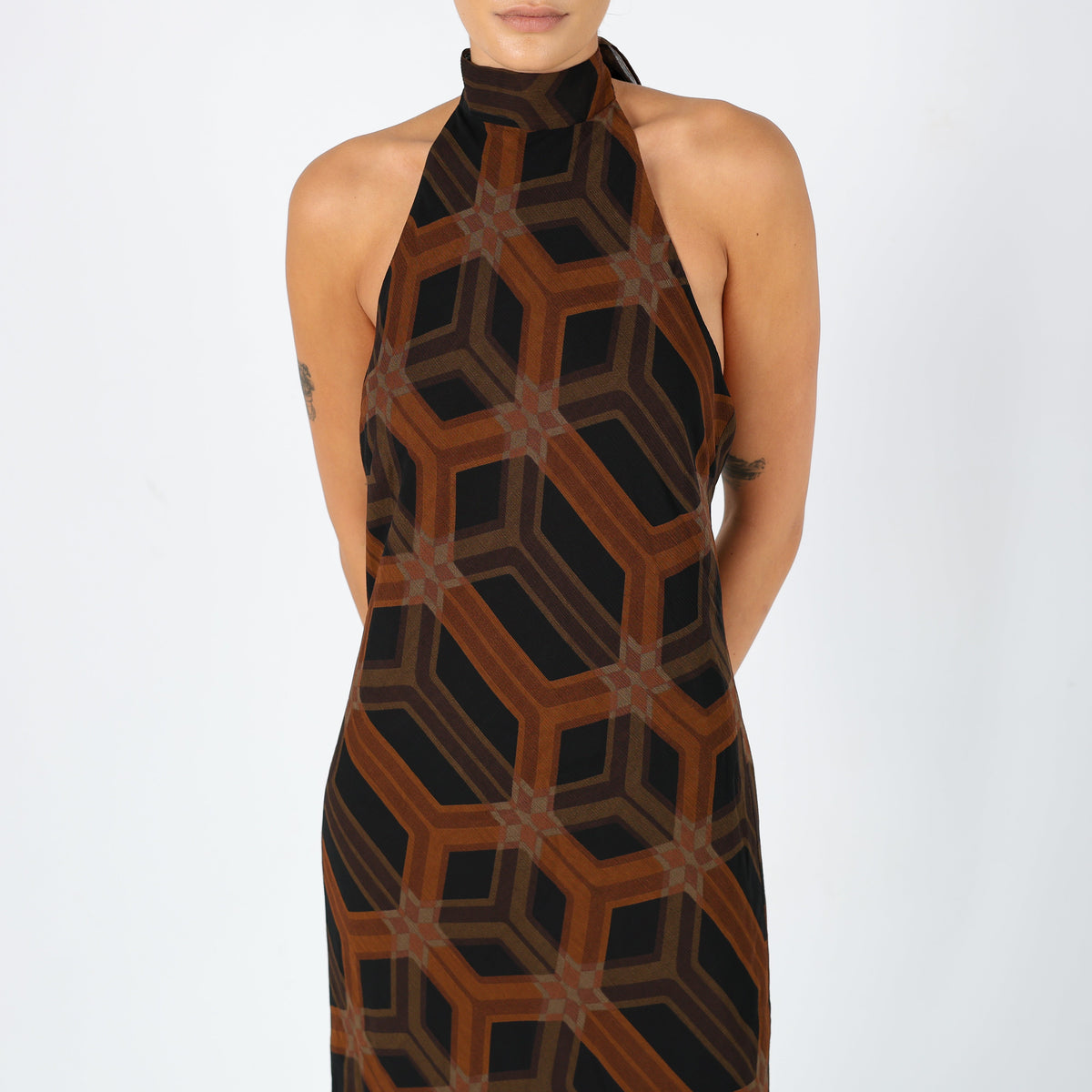 Brown Y2K More&More Denim Midi Dress Super Chic Halter (8)