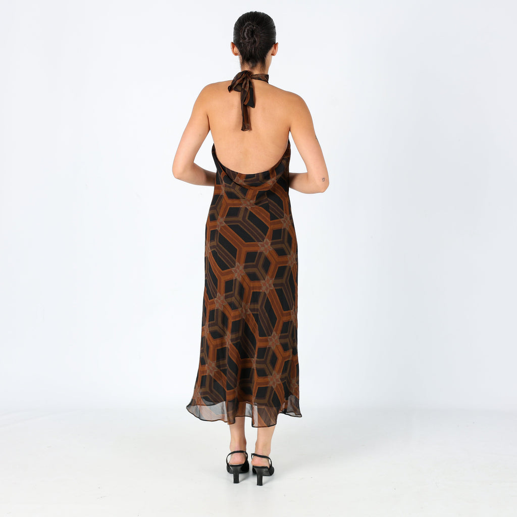 Brown Y2K More&More Denim Midi Dress Super Chic Halter (8)