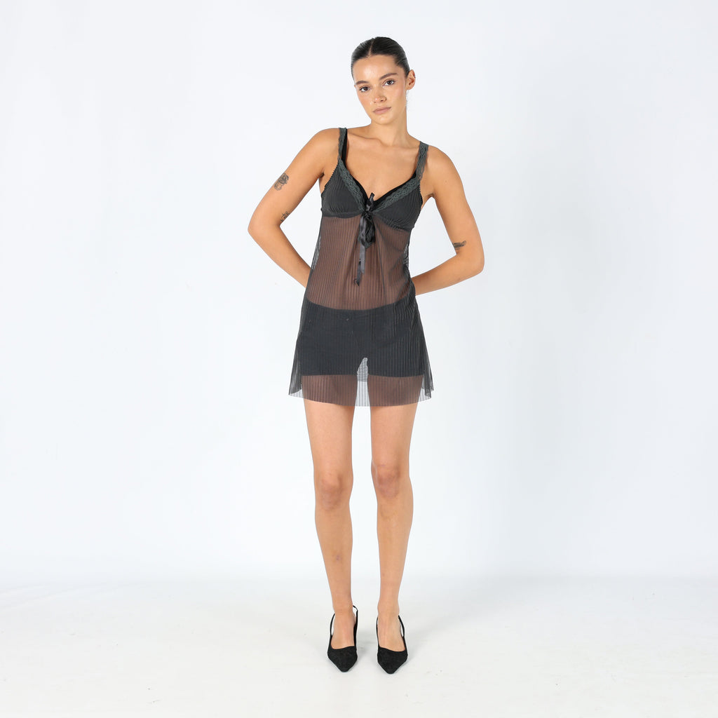Charcoal Grey 90s Tezenis Mesh Midi Dress Sexy Sheer Lace Detail (8)