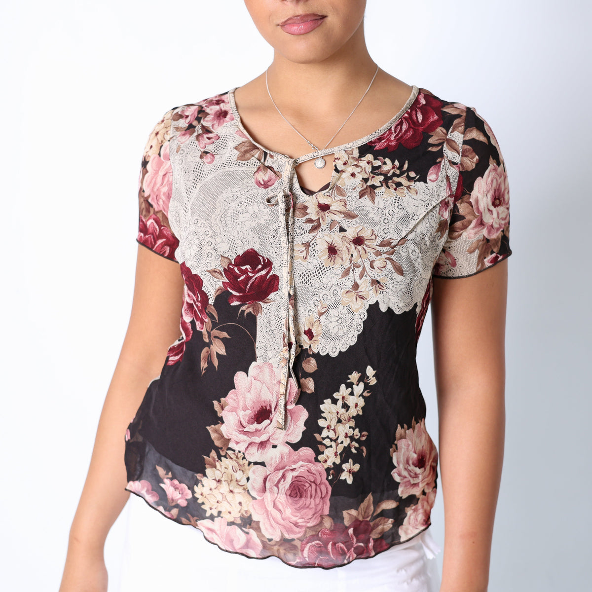 Brown 90s Berkertex Cami Floral Front Tie Sheer (14)