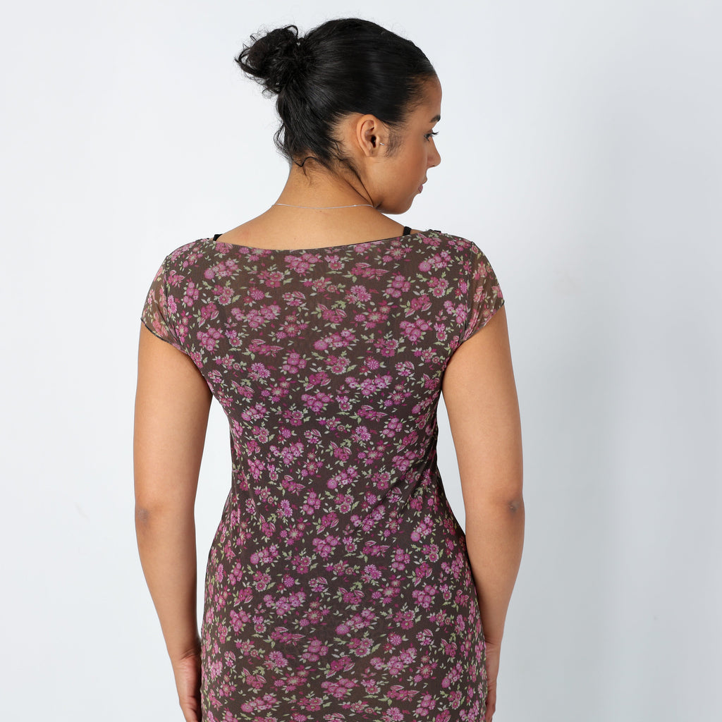 Brown Y2K Mesh Midi Dress Floral Pretty Lace Trim (10)