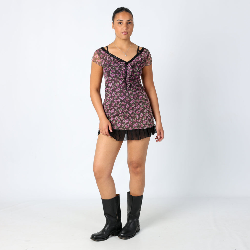 Brown Y2K Mesh Midi Dress Floral Pretty Lace Trim (10)
