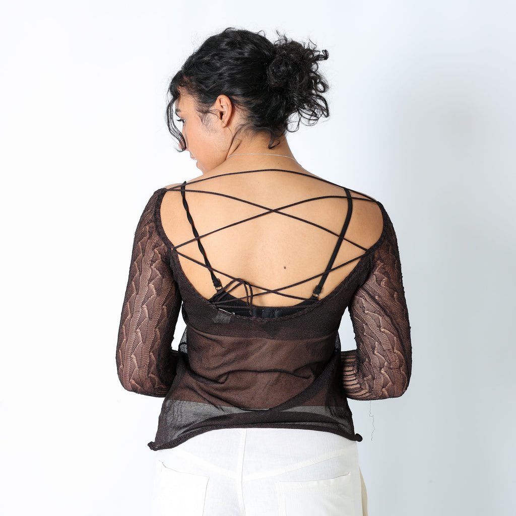 Brown 90s Miss Sixty Cami Sheer Strappy Off Shoulder (S)