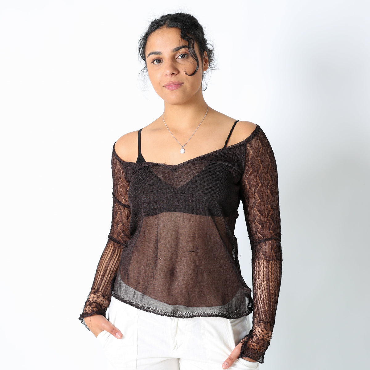 Brown 90s Miss Sixty Cami Sheer Strappy Off Shoulder (S)