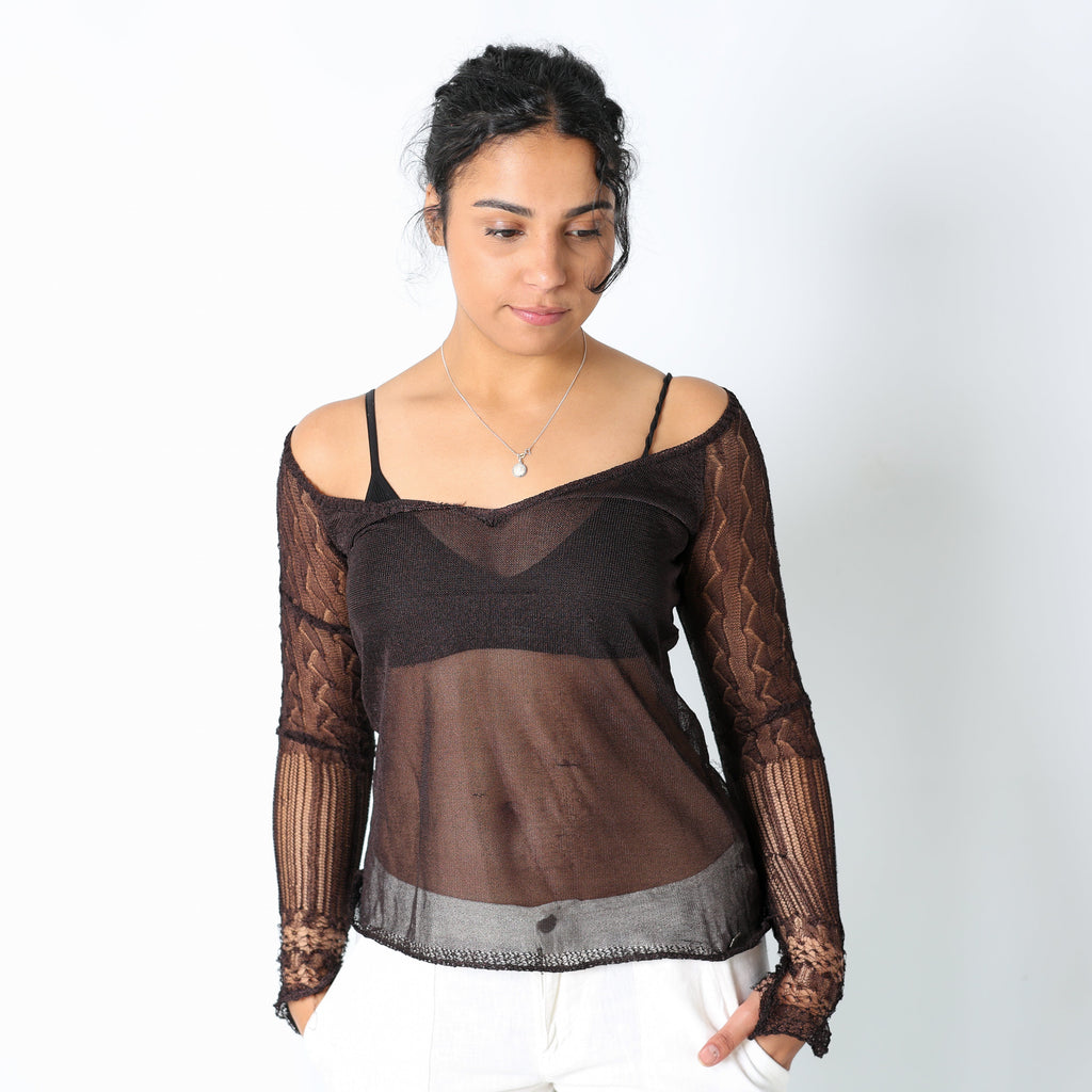Brown 90s Miss Sixty Cami Sheer Strappy Off Shoulder (S)