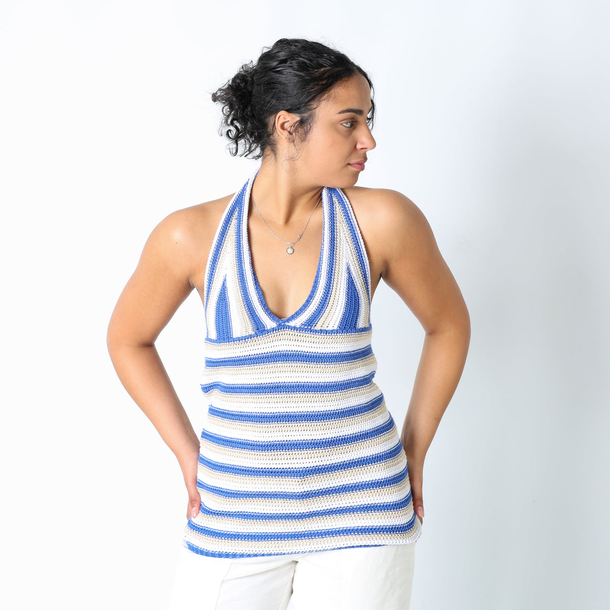 Blue 90s Woven Mini Dress Striped Crochet Halter Neck (M)