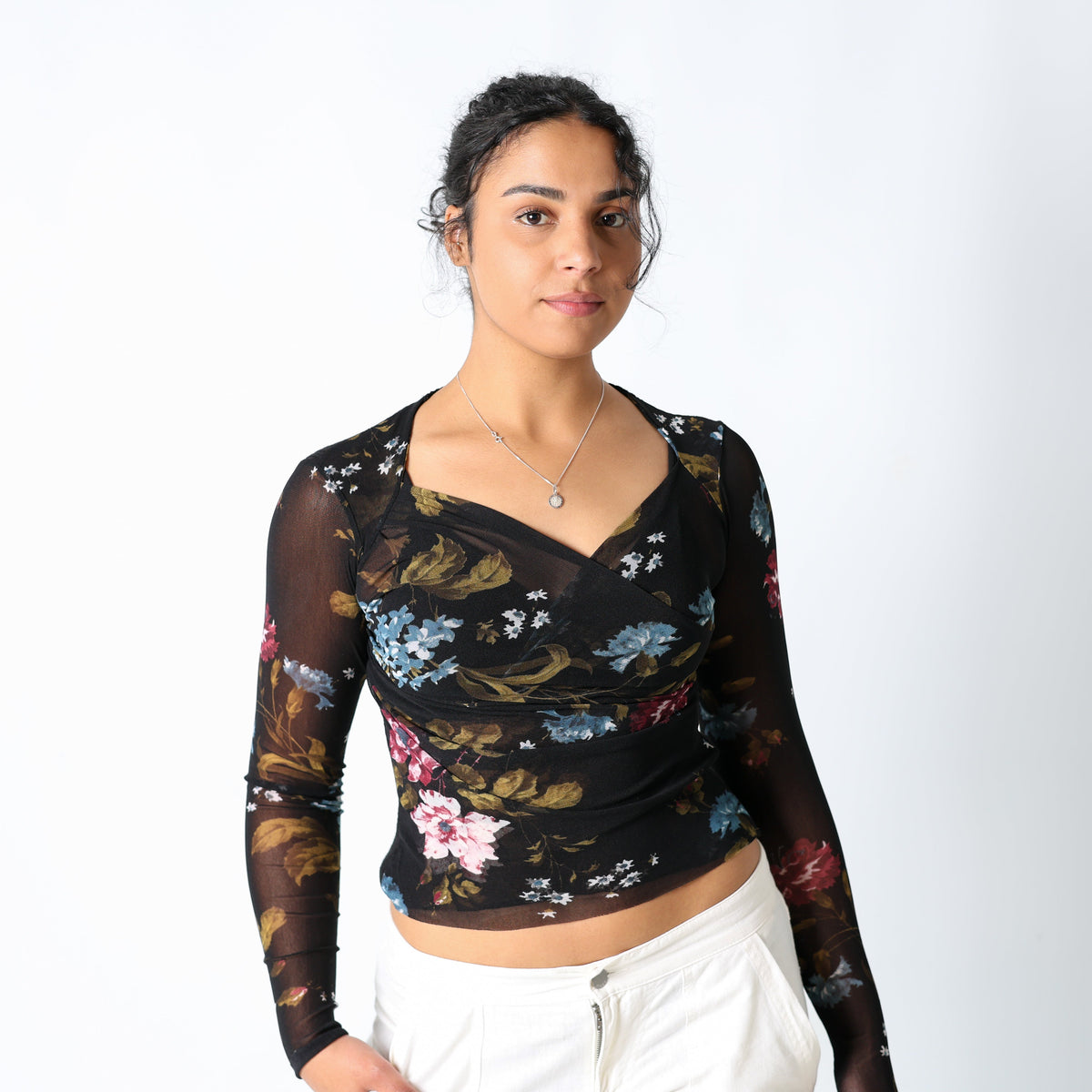 Black 90s Cami Floral Ribbed Back (L)