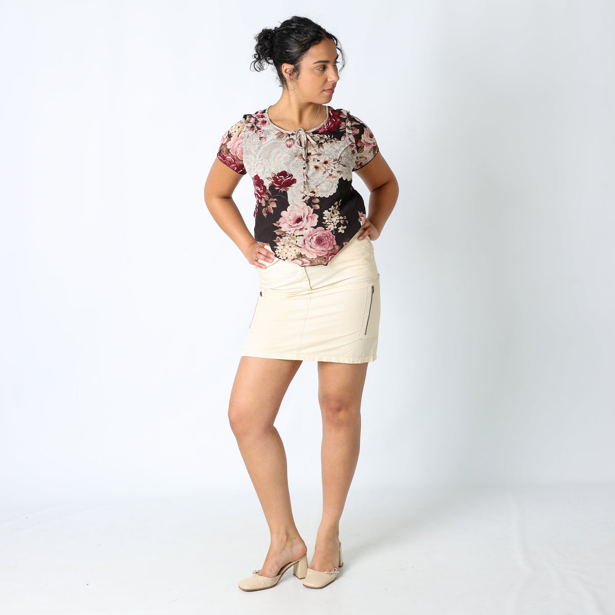 Cream 90s Max&Co. Woven Midi Skirt Zip Detail Split Hem (10)