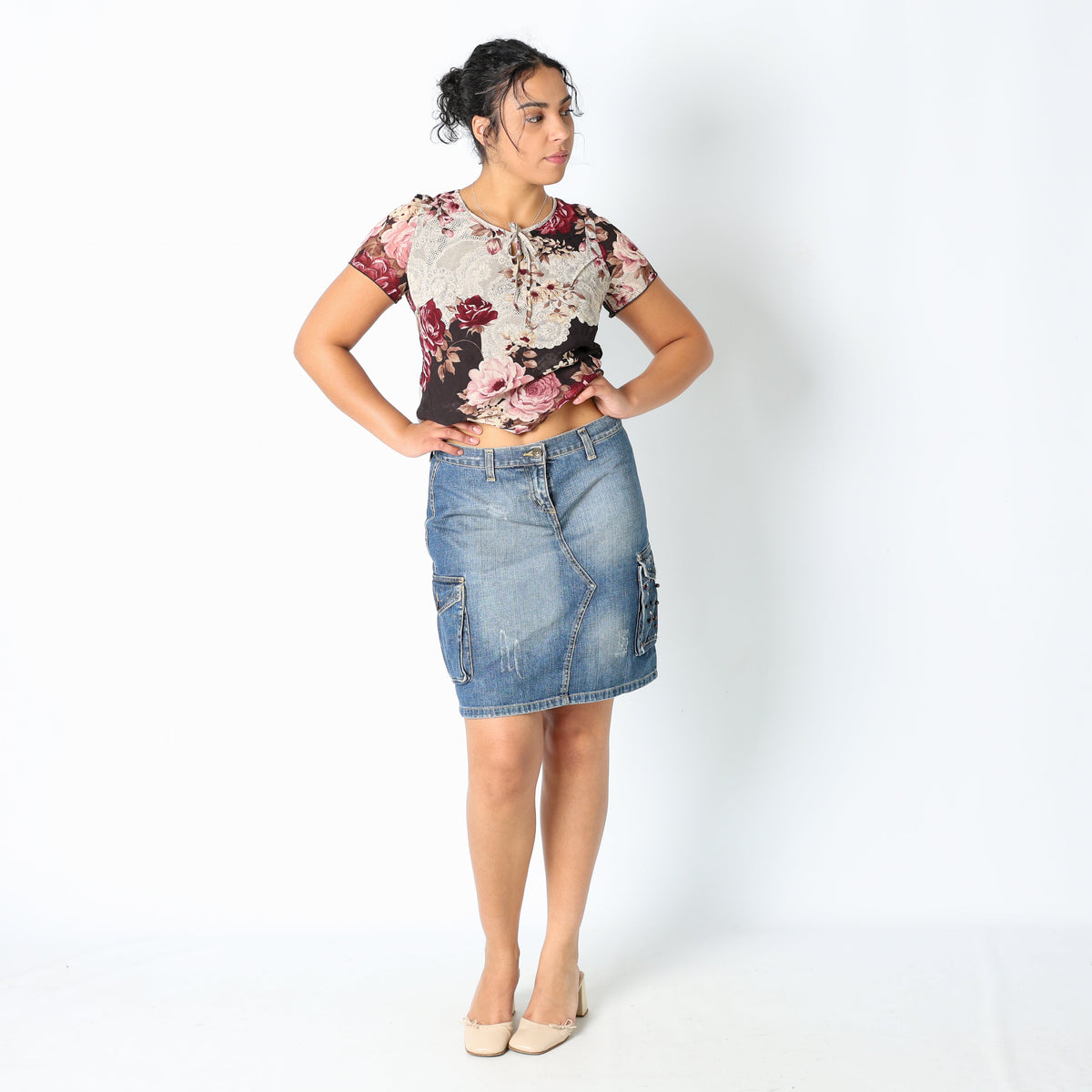 Blue 90s Esisto Denim Midi Skirt Gem Detail on Pockets (12)