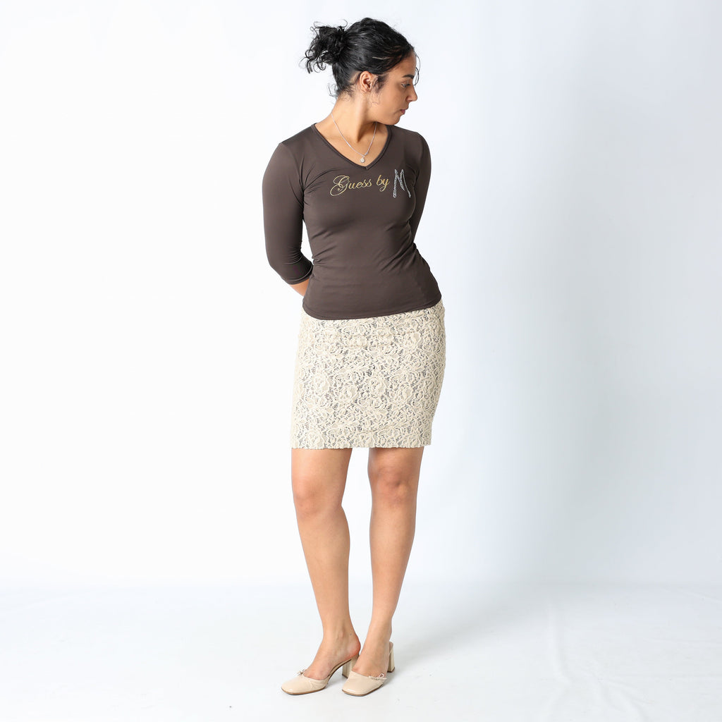Cream 90s Moschino Woven Midi Skirt Pencil Shape Lace Detail (8)
